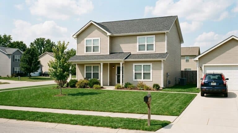 Energy efficient home with modern design, situated in a peaceful suburban neighborhood.