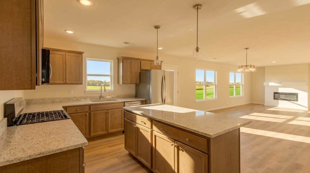 Modern kitchen design showcasing an energy-efficient home with ample natural light.