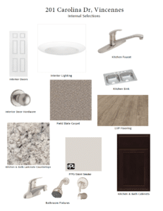 Internal selections for 201 Carolina Dr, showcasing doors, lighting, faucets, and flooring.