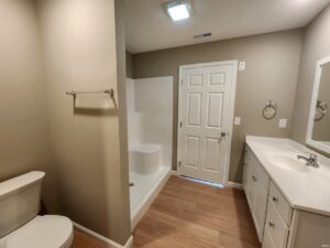 Modern bathroom remodel featuring a shower, vanity, and sleek design elements.