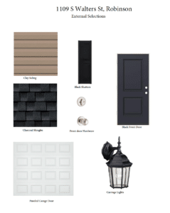 Clay siding, black shutters, and charcoal shingles for stylish exterior home design.