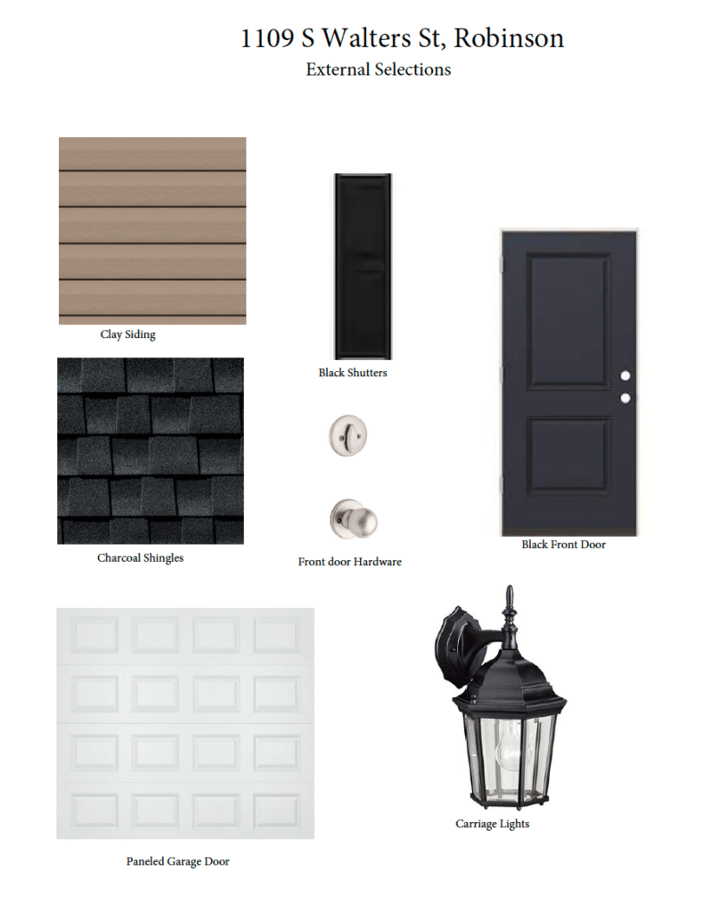 Clay siding, black shutters, and charcoal shingles for stylish exterior home design.