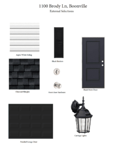 External selections for 1100 Brody Lane, featuring siding, shingles, doors, and lighting.