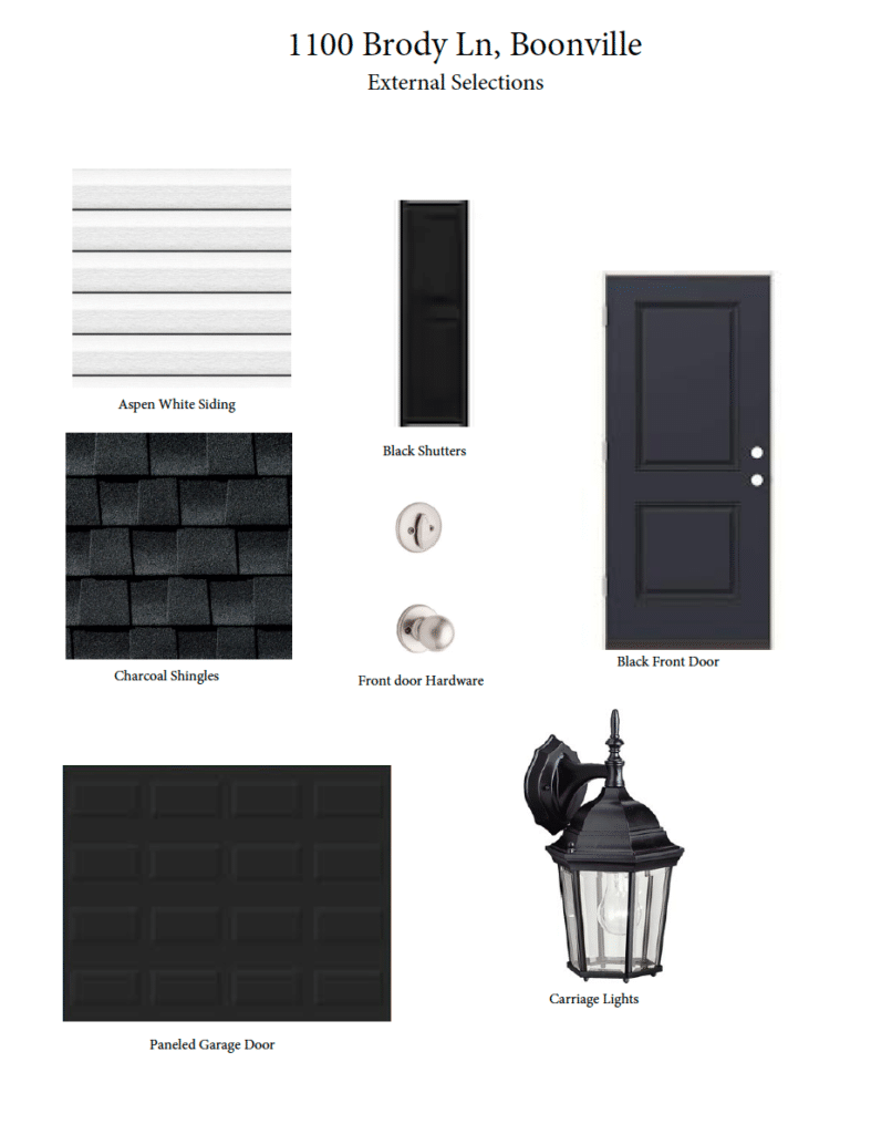 External selections for 1100 Brody Lane, featuring siding, shingles, doors, and lighting.