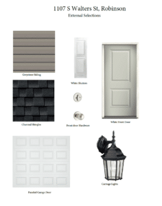Greystone siding and white front door options for modern home exteriors.