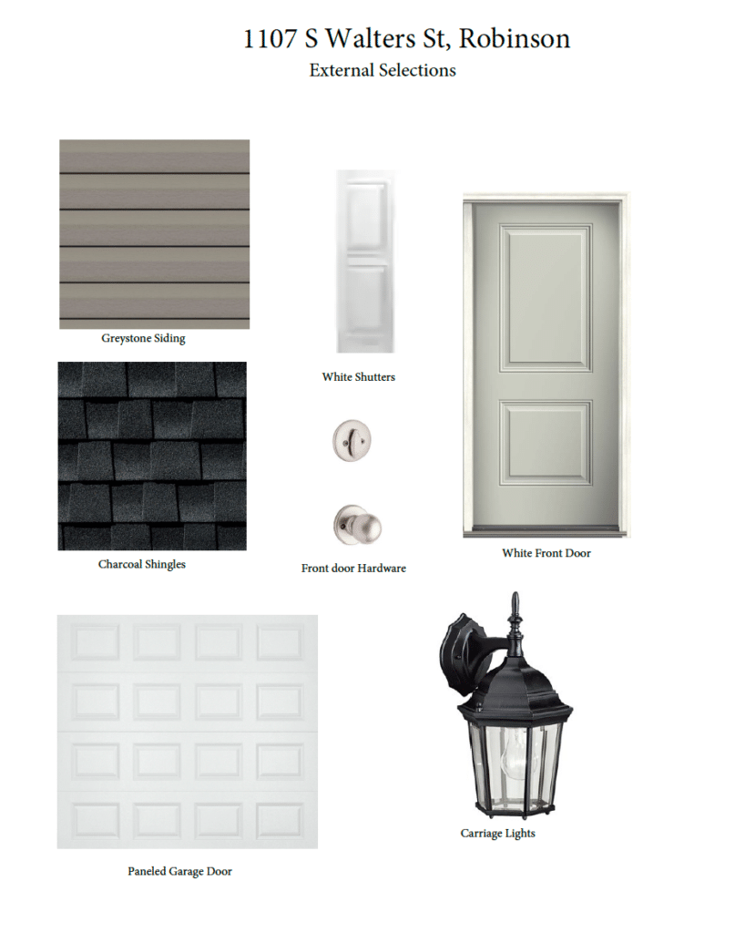 Greystone siding and white front door options for modern home exteriors.