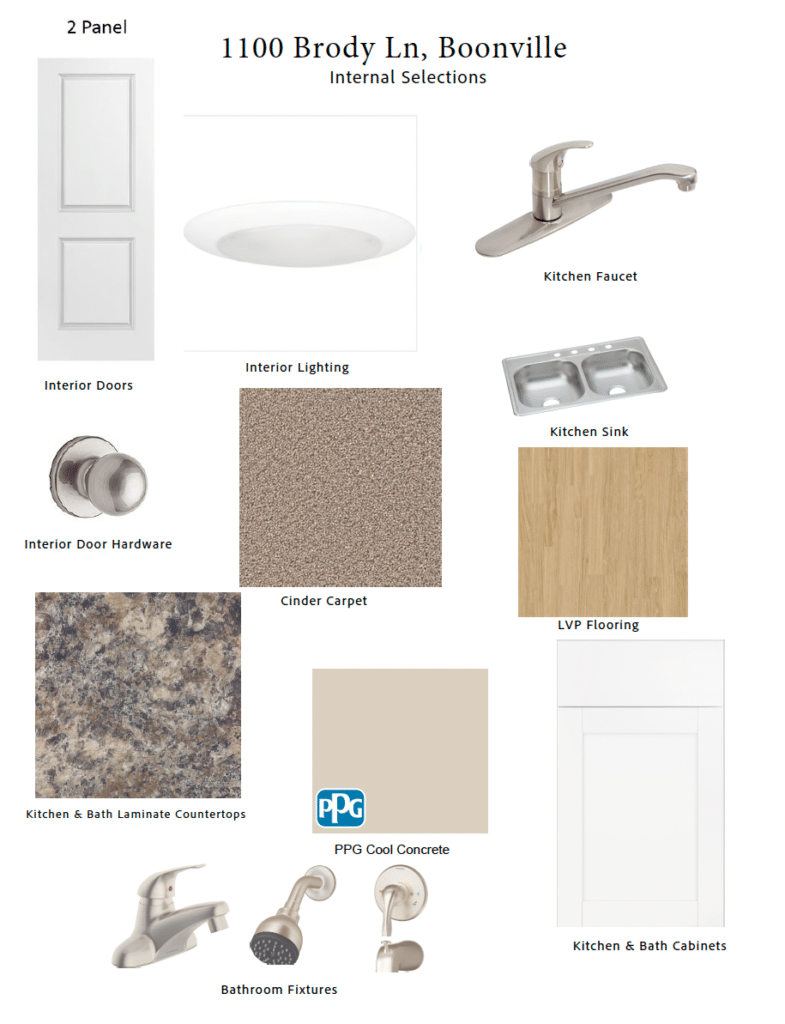 Interior selections for 1100 Brody Lane in Boonville, featuring doors, faucets, and countertops.