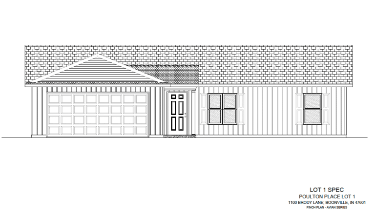 Front elevation sketch of Poulton Place Lot 1 home design and specifications.