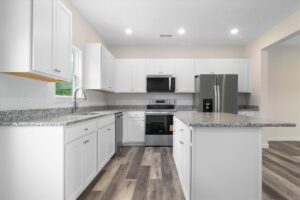Modern kitchen design featuring white cabinetry and granite countertops for a sleek look.
