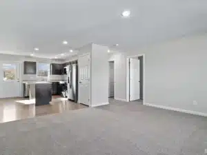 Modern kitchen and living room design featuring an open layout and stylish finishes.