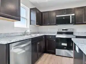 Sleek modern kitchen featuring dark cabinets and granite countertops for a stylish design.