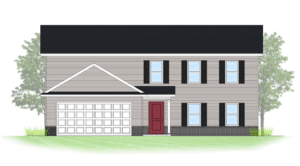 Stylish two-story house front view with garage and modern design elements.