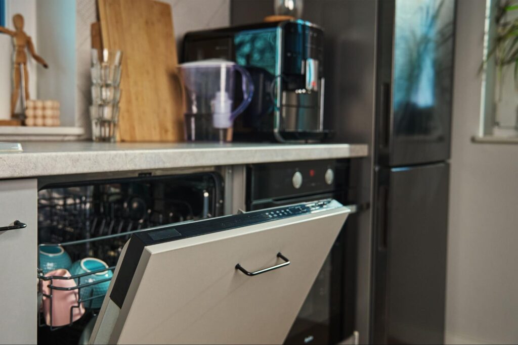 Efficient modern kitchen appliances showcasing a dishwasher and multifunctional gadgets.