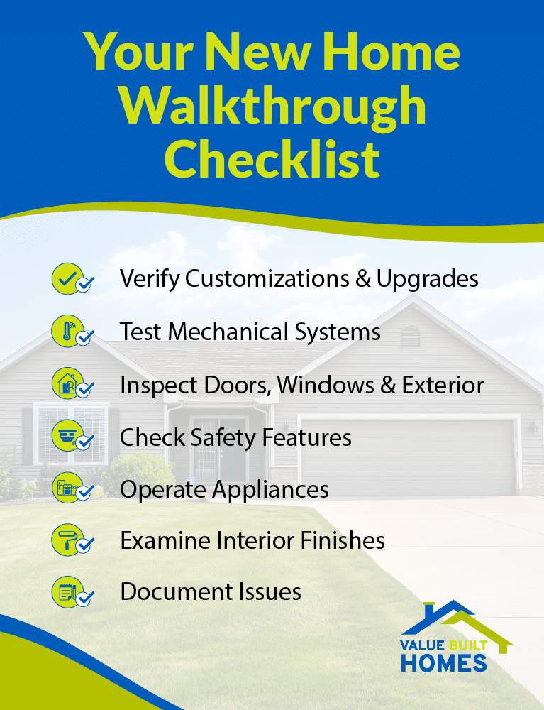 New home walkthrough checklist for verifying upgrades, safety, and functionality.