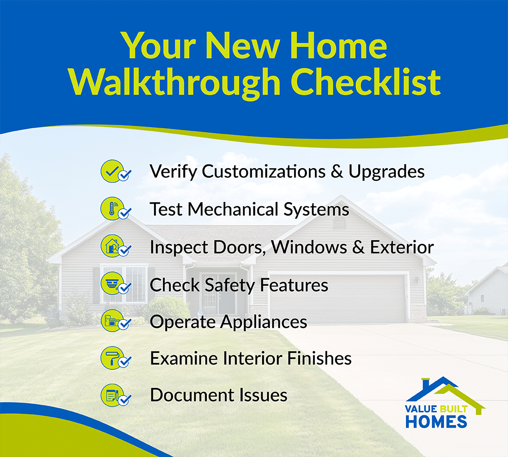 New home walkthrough checklist for inspections, upgrades, and essential features to verify.
