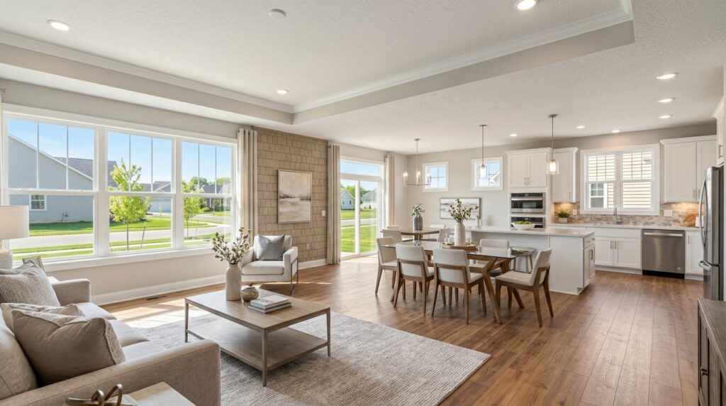 Modern 2-story living room with stylish decor and abundant natural light.