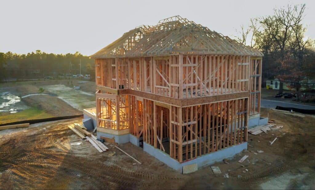 Framed house at sunset, capturing progress on a new construction site.