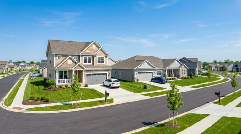 Suburban neighborhood featuring 1.5 story homes versus 2 story houses in a sunny landscape.
