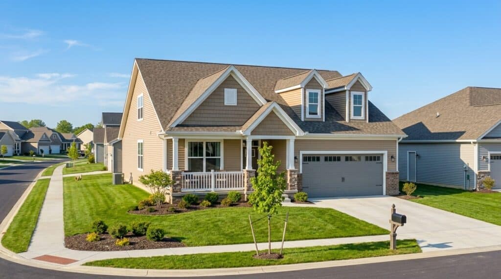 Charming 2-story home design with lush landscaping and a welcoming porch.