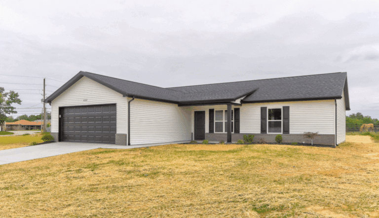 Stylish new home with modern design and appealing exterior landscaping.