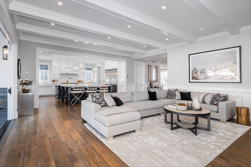 Stylish modern living room with elegant furnishings and open layout design ideas.