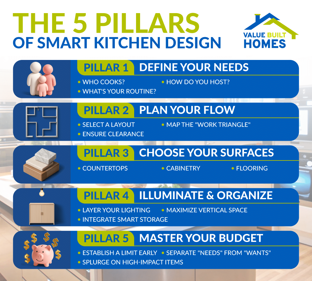 Five essential pillars for effective smart kitchen design and organization.