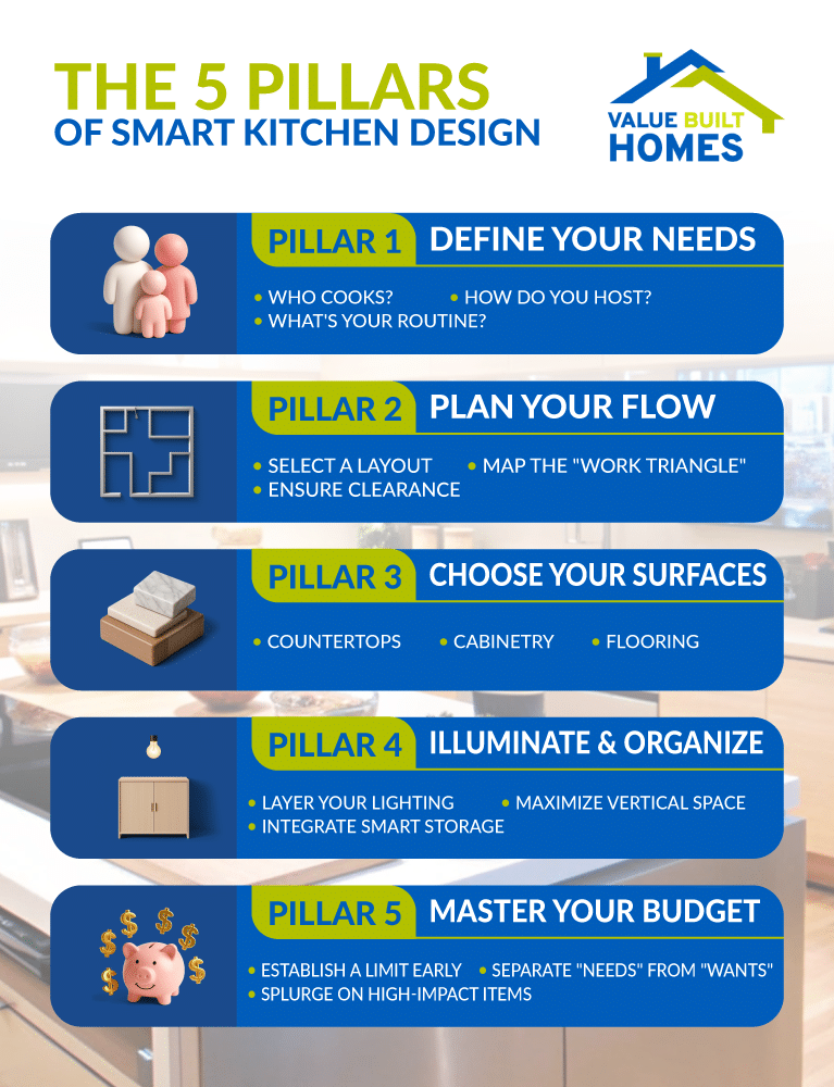 Five essential pillars for effective smart kitchen design and planning your space efficiently.