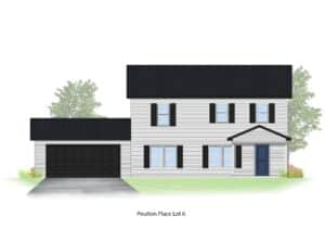 Modern two-story house design with black roof, garage, and charming entrance.