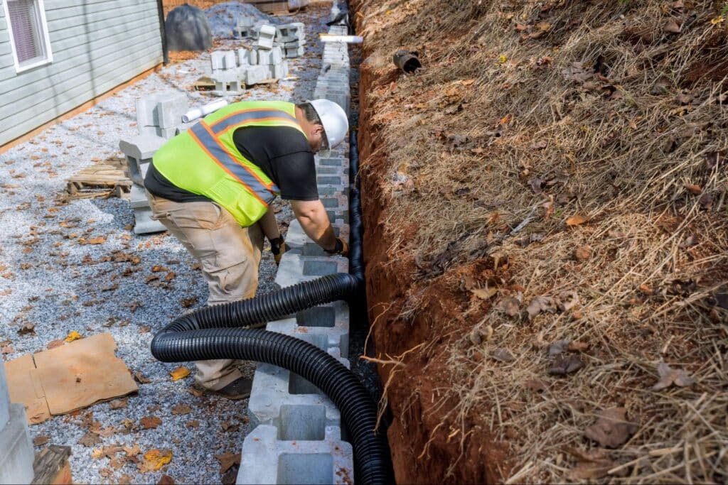 Construction worker installing drainage system beside foundation wall.