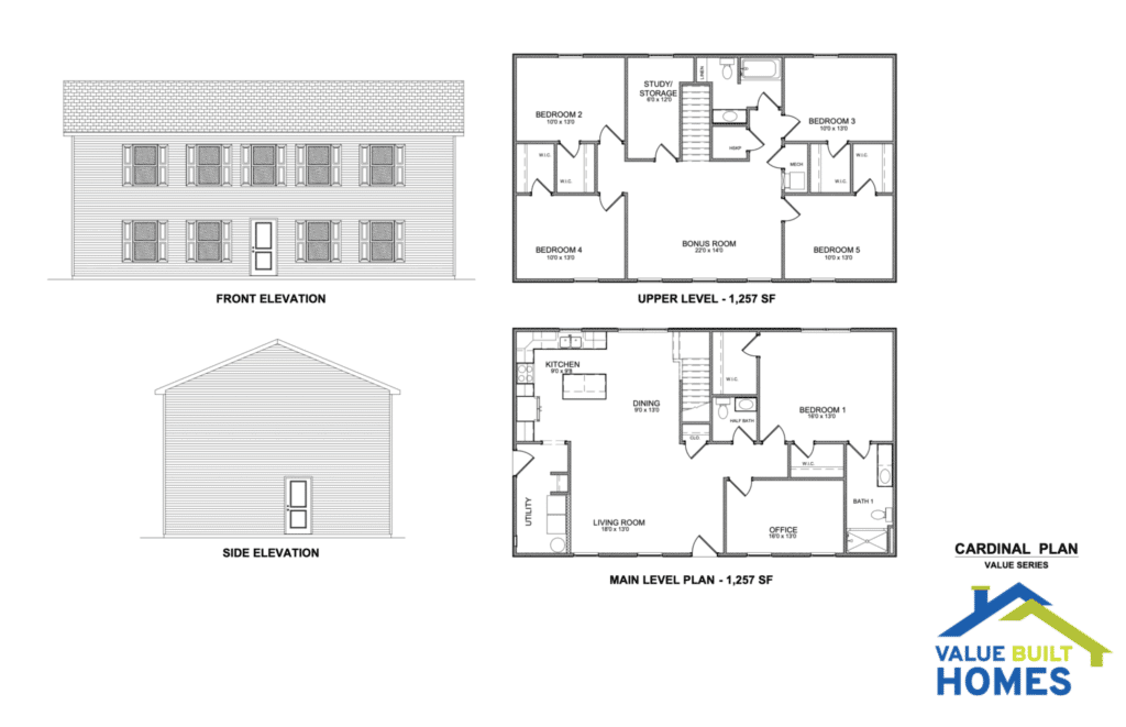 Cardinal plan featuring front elevation, side elevation, and detailed floor layouts.