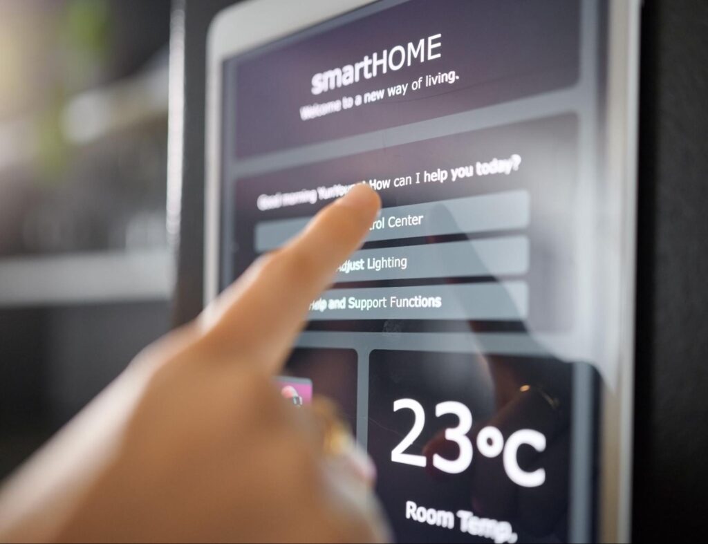 energy-efficient home control smart interface with touchscreen for temperature and lighting management.