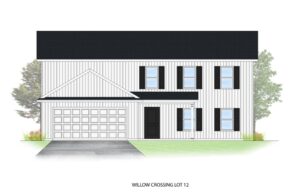 Modern two-story house design at Willow Crossing, Lot 12. Perfect for new homeowners.