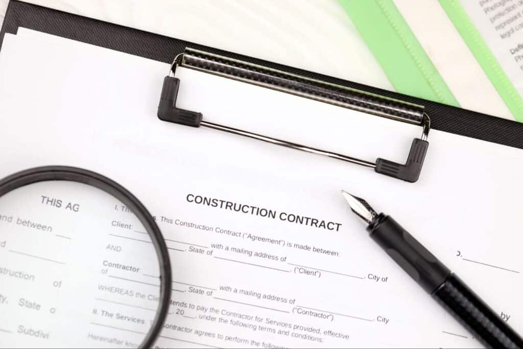 Detailed construction contract document with a pen and magnifying glass on a clipboard.