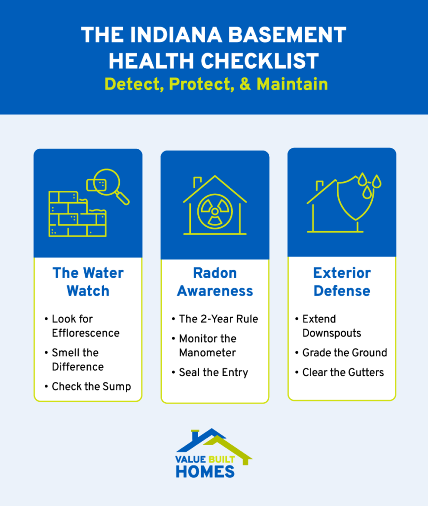 Indiana basement health checklist for water, radon, and exterior protection measures.