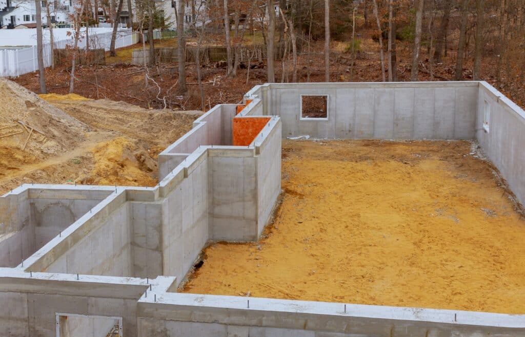 New home foundation progress with cement basement and construction site visible.