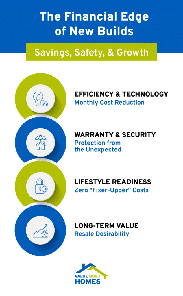 Financial advantages of new builds include savings, safety, and long-term growth opportunities.