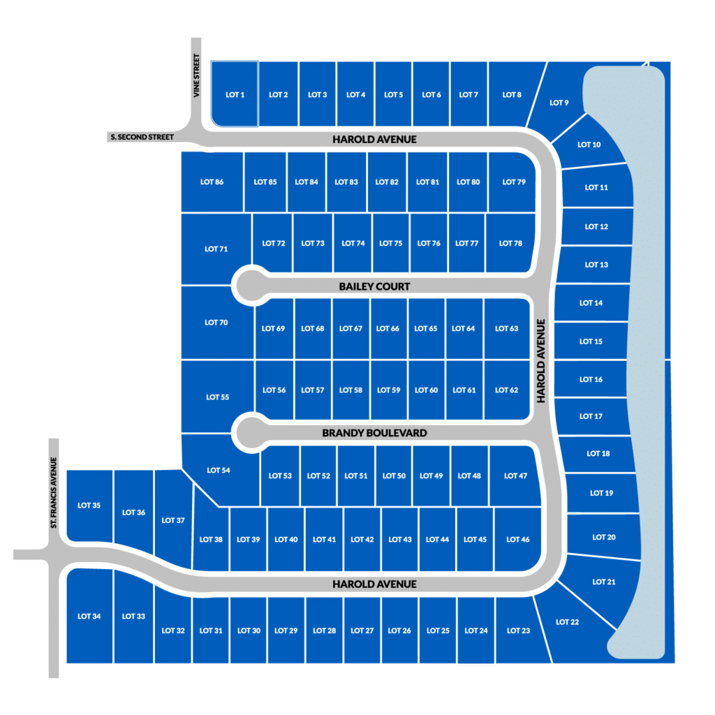 Farmington Ridge lot map with street names for real estate development.