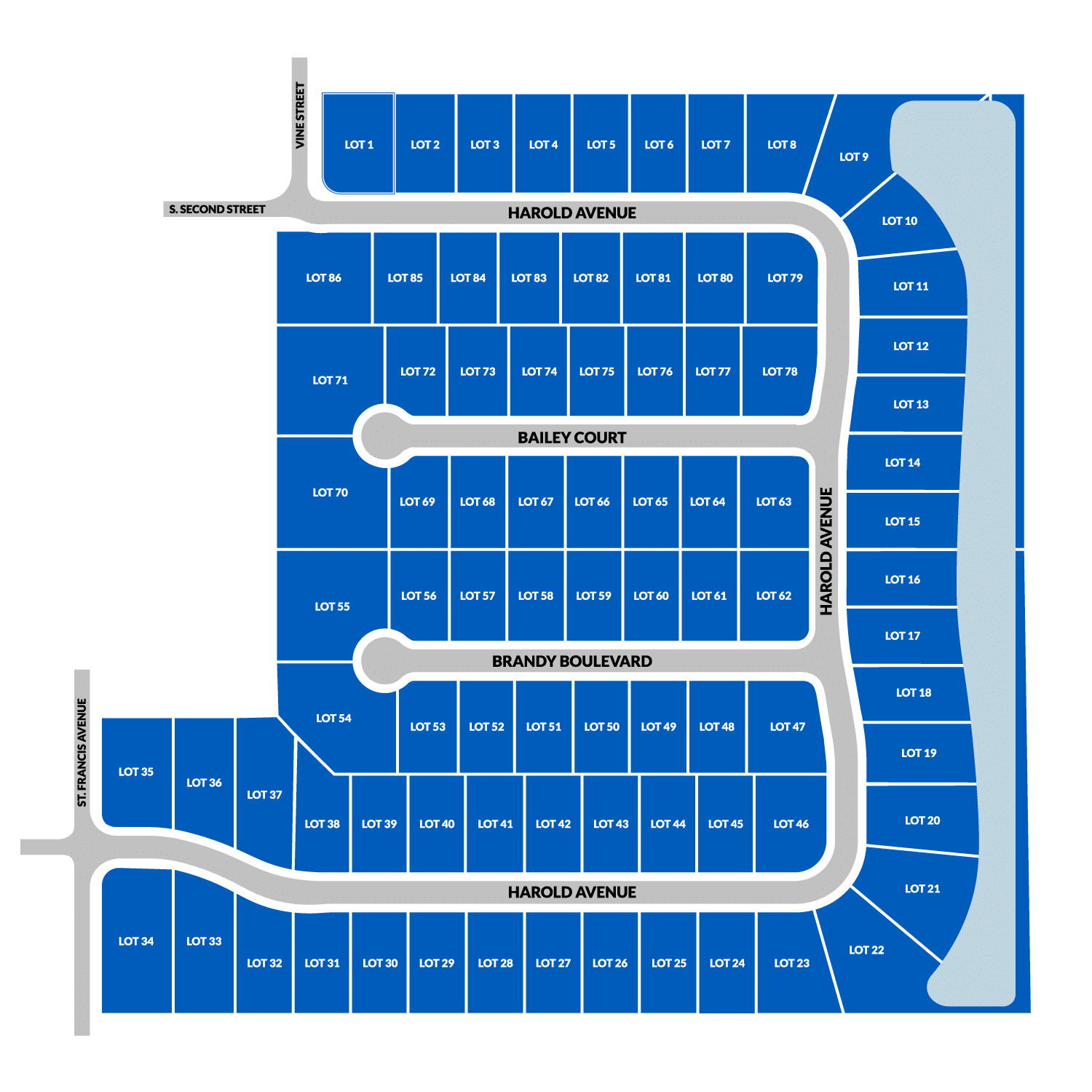 Farmington Ridge lot map with street names for real estate development.