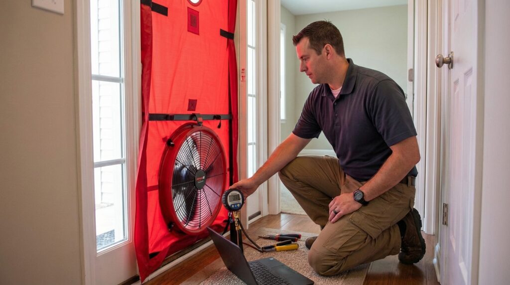 Technician conducting blower door test to evaluate home air quality efficiency.
