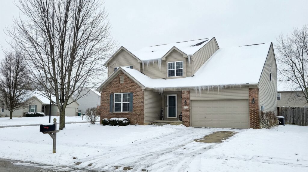 Snowy suburban home with icicles, creating a cozy winter atmosphere.