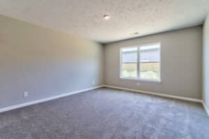 Spacious light gray empty room with a window and soft carpet flooring.