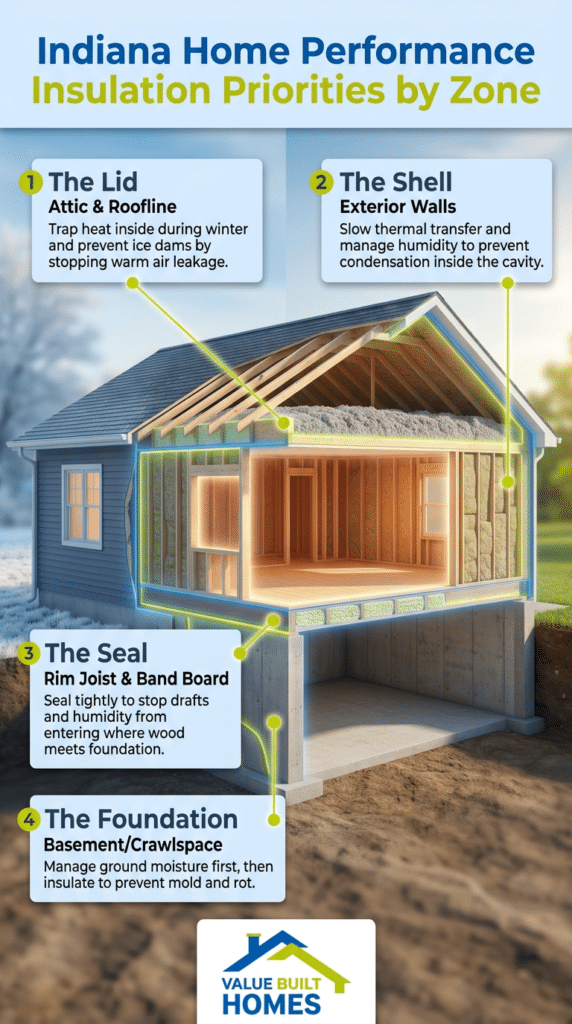 Indiana home insulation priorities for energy efficiency and moisture management.