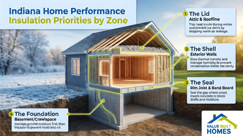 Indiana home insulation priorities infographic highlighting key performance areas for optimal energy efficiency.
