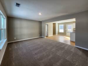Bright and airy living room featuring modern design and soft carpeted flooring.
