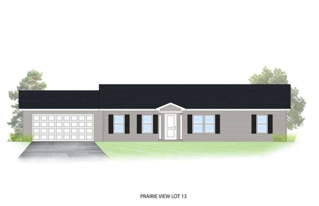 Modern home design at Prairie View Lot 13 with garage and spacious lawn.