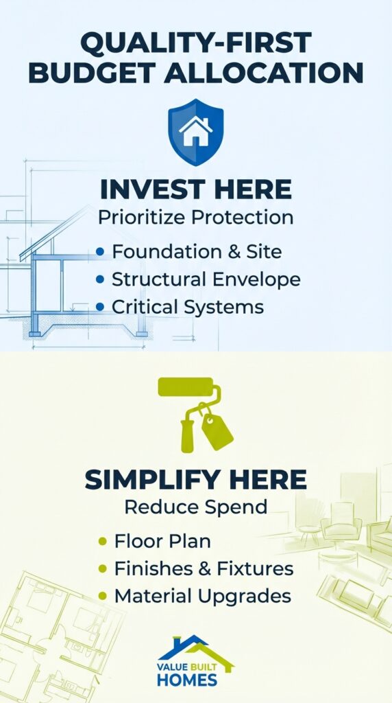 Quality-first budget allocation for home construction prioritizes protection and cost-saving strategies.