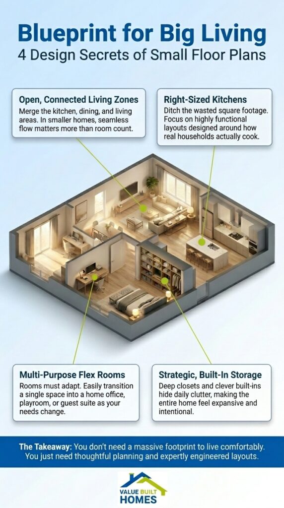 Small floor plans featuring open living areas, multi-purpose rooms, and built-in storage solutions.