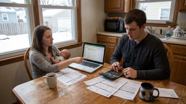 Couple budgeting together at home with laptop, calculator, and financial documents.