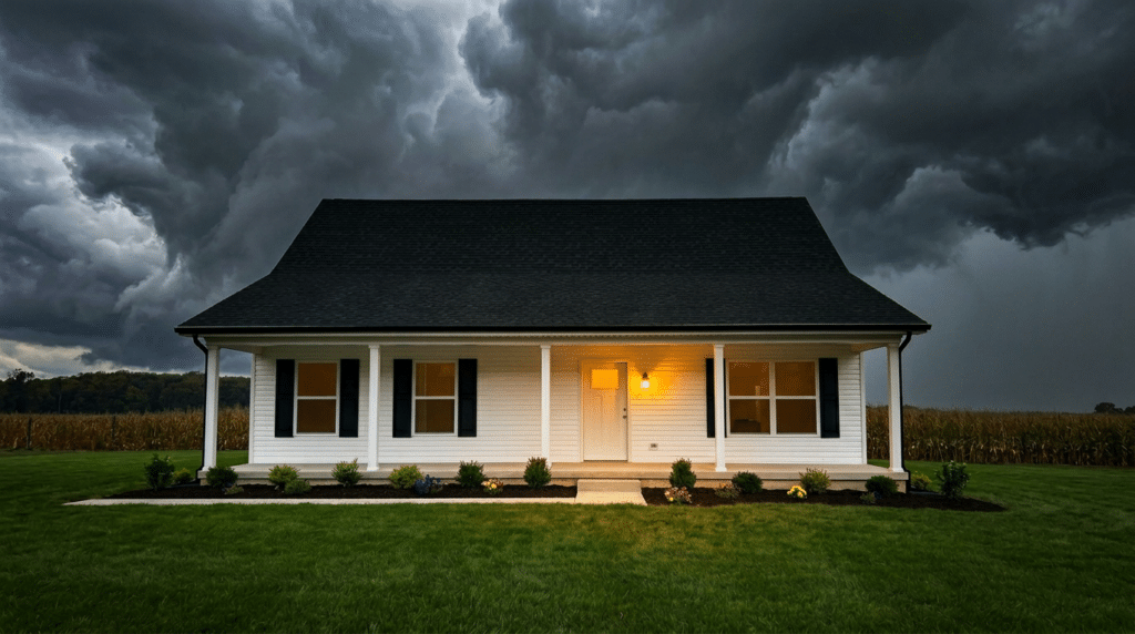 Cozy farmhouse shines under dramatic stormy skies.