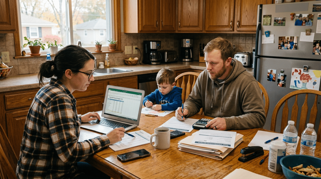 Family budgeting session with parents and child using laptops and paperwork at home.
